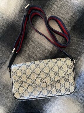 Gucci Beige and Blue GG Supreme Crossbody with Navy Red Web Strap
